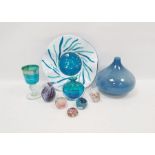 Collection of art glass comprising a Mdina kingfisher blue knopped goblet, a kingfisher blue