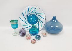 Collection of art glass comprising a Mdina kingfisher blue knopped goblet, a kingfisher blue