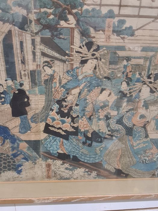 After Utagawa Kunisada  Japanese woodblock print "Beauties at Yoshi", 34cm x 72cm Condition Report - Bild 4 aus 6