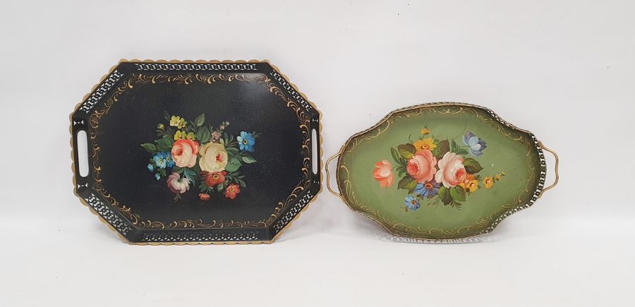 Two tin trays decorated in the Barge fashion, both with galleried edges (2)