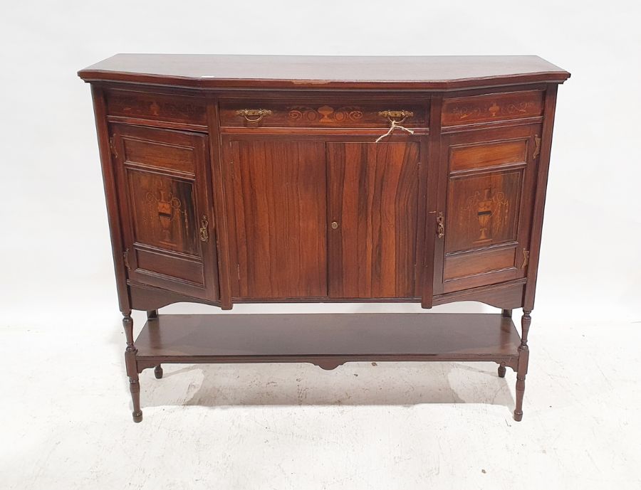 20th century breakfront rosewood sideboard with single drawer above cupboard doors, shelf under,