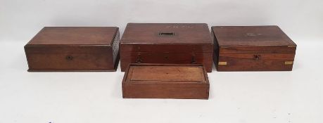 Mahogany hinged lidded box with campaign-style brass handle and hook and eye catches (owners name