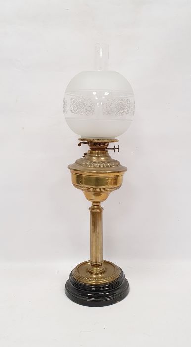 Brass oil lamp, as a Corinthian column on circular stepped foot with the glass chimney and etched - Image 2 of 2