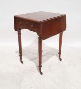 20th century mahogany Pembroke table, with single drawer, on turned legs to brown china castors,