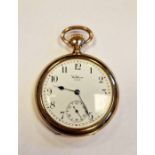 Waltham gent's rolled gold pocket watch with white enamel dial, open-faced