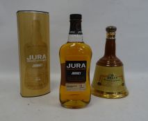 Bottle of Jura "Journey" single malt whisky and a bell shaped decanter of Bell's blended whisky (2)