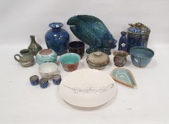 Large collection of studio pottery including a Palissy-style cylindrical jar and cover with lizard