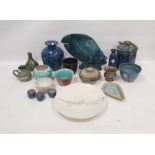 Large collection of studio pottery including a Palissy-style cylindrical jar and cover with lizard