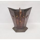 Art Nouveau coal bucket, octagonal shape with Art Nouveau repousse decoration and hammered sides,