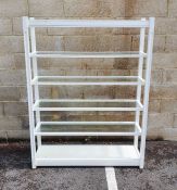 Modern six-shelf unit, the white painted frame with glass shelves, 182cm x 140cm x 41cm