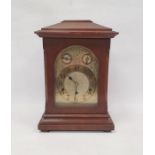 Bracket-type clock in mahogany case, on bun feet, the brass rectangular dial with Arabic numerals