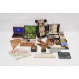 Assorted collectables to include boxed slide rules, playing cards, vintage pencil box, boxed