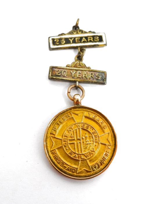 9ct gold Great Western Railways 15 Years First Aid Efficiency medal on suspender, with two silver