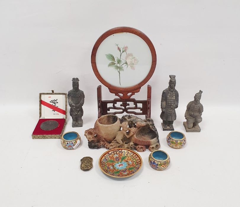 Eastern carved soapstone inkwell with monkey design, reproduction terracotta warriors, a small