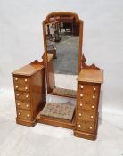 Vintage pine dressing table with long cheval mirror supported by two bases of five drawers, united