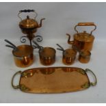Arts & Crafts-style copper tray with brass handles, a copper teapot, graduated saucepans with iron