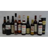 Collection of fortified wines and fruit cups including two bottles Pimms No. 1, St Michael's port,