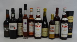 Collection of fortified wines and fruit cups including two bottles Pimms No. 1, St Michael's port,