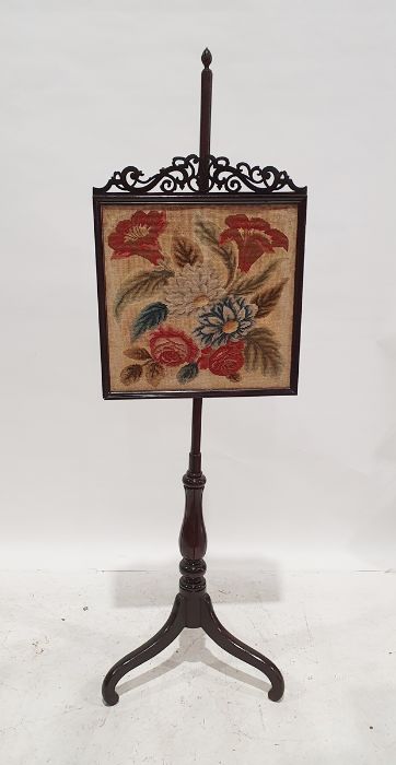 19th century needlework polescreen on baluster turned column to tripod base