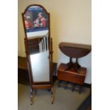 Modern mahogany cheval mirror and two occasional tables (3)