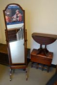 Modern mahogany cheval mirror and two occasional tables (3)