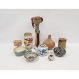 Collection of 20th century studio pottery including a tall mast headed vessel, indistinctly