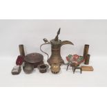 Late 19th century Dallah coffee pot (damaged), assorted Middle Eastern metal pieces and three