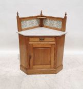 20th century oak corner washstand with tiled splashback, marbled top, single drawer, cupboard