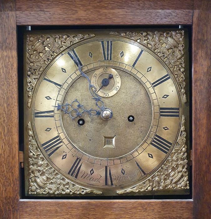 18th century oak 8-day longcase clock by Mark Metcalf of Askrigg, the 11" square brass dial with - Image 4 of 4