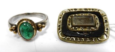 Late Georgian gold and black enamel memorial brooch, oblong and engraved and a white metal ring set