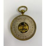 Late 19th century French brass cased pocket open faced barometer, the silvered dial with logo R in a