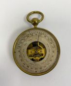 Late 19th century French brass cased pocket open faced barometer, the silvered dial with logo R in a