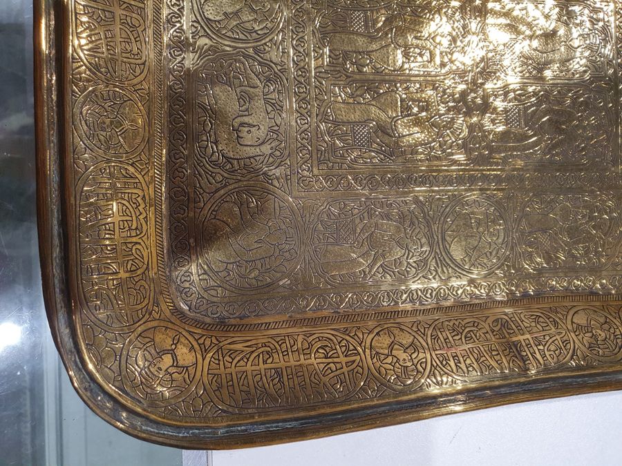 Middle Eastern brass tray, a dallah brass coffee pot, a pair of brass bowls, a vase and a large - Image 23 of 43