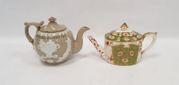 Late 19th century Staffordshire pottery presentation teapot named for 'A present to Mr & Mrs