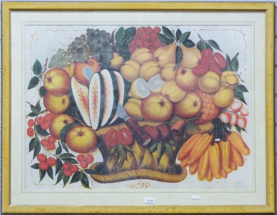 Colour print still life showing fruit with a melon being cut, cherries, grapes, apples, sweet