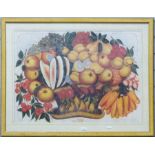 Colour print still life showing fruit with a melon being cut, cherries, grapes, apples, sweet