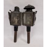 Pair of 19th century or later Raydyot carriage lamps, metal body with red glass optic and bevelled