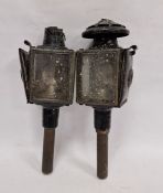 Pair of 19th century or later Raydyot carriage lamps, metal body with red glass optic and bevelled