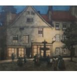20th century school Coloured lithographic print French town scene with figures in front of a