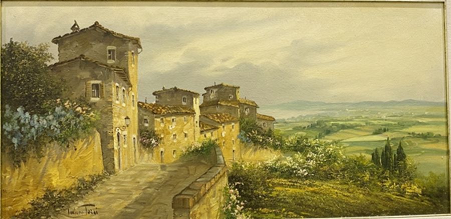 Luciano Torsi (20th century) Oil on board Continental scene of village houses overlooking a rural - Bild 2 aus 3