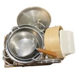 Stainless steel Stellarpan, a large aluminium 13.5l commercial pan and assorted metalware and
