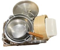 Stainless steel Stellarpan, a large aluminium 13.5l commercial pan and assorted metalware and