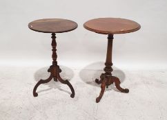 Two single mahogany tripod occasional tables with circular tops and a child's rush-seated chair (3)