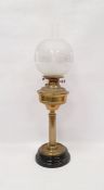 Brass oil lamp, as a Corinthian column on circular stepped foot with the glass chimney and etched