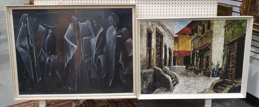 Unattributed Oil on board Village scene - Uganda(?), 52cm x 69cm, framed Colour print  African - Bild 3 aus 3