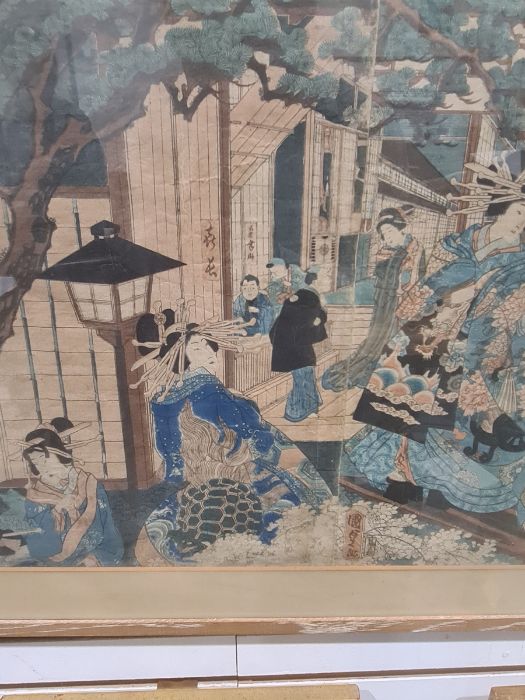 After Utagawa Kunisada  Japanese woodblock print "Beauties at Yoshi", 34cm x 72cm Condition Report - Bild 3 aus 6