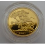 1981 gold proof sovereign in case Condition ReportSee photos for relevent paperwork/COA's included
