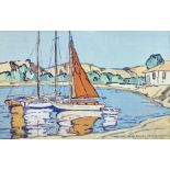J McLaren (20th century school)  Watercolour/gouache Boats in harbour, indistinctly titled, signed