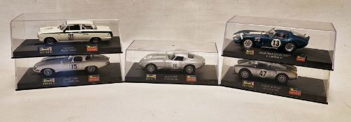 Five cased Revell/Monogram model racing slot cars to include Shelby Cobra Daytona Coupe #13