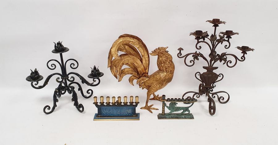 Gilt metal model of a cockerel in full cry, a metal candle holder, and another, and two small